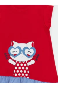 Denokids Kedi Frilly Red Girls' Summer Dress - Image 5