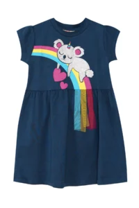Denokids Koala Cotton Combed Cotton Girl's Summer Navy Blue Dress - Image 3