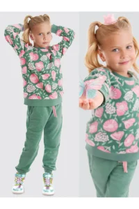 Denokids Pink Floral Girl's Green Winter Tracksuit 4-10Y