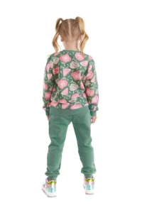 Denokids Pink Floral Girl's Green Winter Tracksuit 4-10Y - Image 2