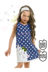 Denokids Cat and Polka Dot Girl's Navy Blue Summer Poplin Dress