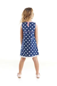 Denokids Cat and Polka Dot Girl's Navy Blue Summer Poplin Dress - Image 2