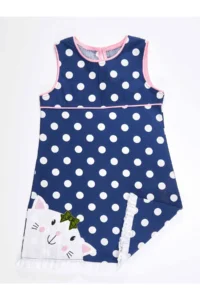 Denokids Cat and Polka Dot Girl's Navy Blue Summer Poplin Dress - Image 3