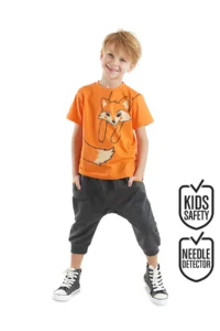 Denokids Orange Tilki Boys' T-Shirt Capri Shorts Set
