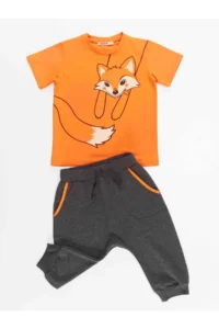 Denokids Orange Tilki Boys' T-Shirt Capri Shorts Set - Image 3