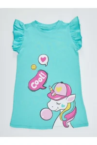 Denokids Gummy Unicorn Girl's Turquoise Ruffle Summer Dress - Image 3