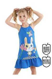 Denokids Checkered Rabbit Girls' Blue Sleeveless Summer Dress