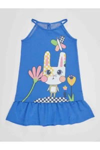 Denokids Checkered Rabbit Girls' Blue Sleeveless Summer Dress - Image 3