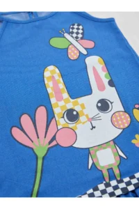 Denokids Checkered Rabbit Girls' Blue Sleeveless Summer Dress - Image 5