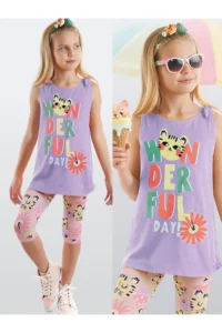 Denokids Cat Floral Sleeveless Girl's Summer Tunic T-shirt Tights Set