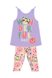 Denokids Cat Floral Sleeveless Girl's Summer Tunic T-shirt Tights Set - Image 3