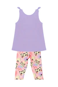 Denokids Cat Floral Sleeveless Girl's Summer Tunic T-shirt Tights Set - Image 4