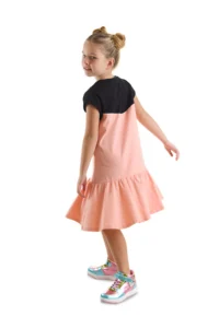Denokids Floral Unicorn Girl's Salmon Black Summer Combed Cotton Dress - Image 2