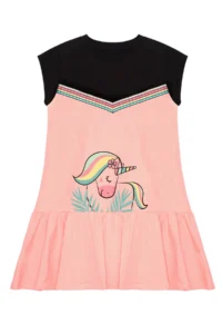 Denokids Floral Unicorn Girl's Salmon Black Summer Combed Cotton Dress - Image 3