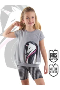 Denokids Striped Unicorn Girl Child Gray Black Summer T-shirt Tights Set