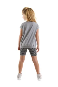 Denokids Striped Unicorn Girl Child Gray Black Summer T-shirt Tights Set - Image 2