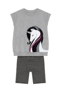 Denokids Striped Unicorn Girl Child Gray Black Summer T-shirt Tights Set - Image 3