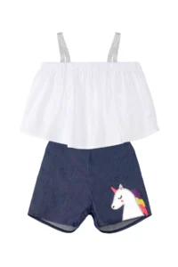 Denokids Colorful Tassel Unicorn Girl's Summer Blouse Denim Shorts Set - Image 3