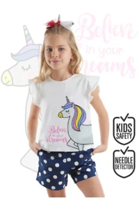 Denokids Polka Dot Unicorn Girl's Summer T-Shirt Poplin Shorts Set