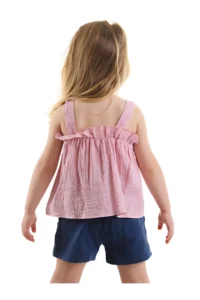 Denokids Baby Girl Kid Pink Summer Muslin Strap Blouse Shorts Set - Image 2