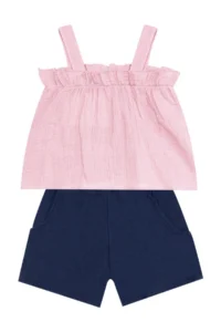 Denokids Baby Girl Kid Pink Summer Muslin Strap Blouse Shorts Set - Image 3