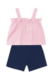 Denokids Baby Girl Kid Pink Summer Muslin Strap Blouse Shorts Set - Image 4