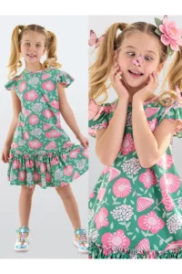 Denokids Pink Floral Girl's Green Ruffle Summer Dress