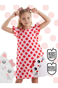 Denokids Chubby Cat Girl's Poplin Pink Ruffle Summer Dress