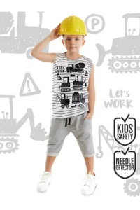 Denokids Construction Vehicle Boy Summer Striped T-shirt Capri Shorts Set