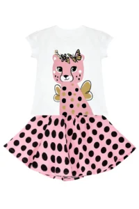 Denokids Polka Dot Cheetah Girl's Summer T-shirt Pink Skirt Set - Image 3