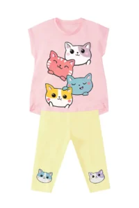 Denokids Kediler Girls' Summer Tunic T-Shirt Leggings Set - Image 3