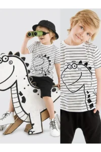 Denokids Cute Dino Striped Boy's Summer T-shirt Capri Shorts Set