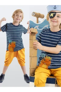 Denokids Striped Sailor Dino Boy's Summer T-shirt Capri Shorts Set