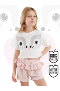 Denokids Ikiz Ceylan Girl's Summer Crop T-shirt Frilly Shorts Set