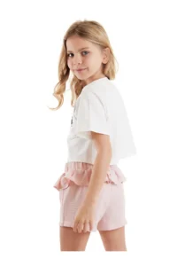 Denokids Ikiz Ceylan Girl's Summer Crop T-shirt Frilly Shorts Set - Image 2