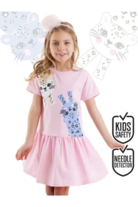 Denokids Girl's Pink Summer Combed Cotton Dress with Gathered Leopard Skirt