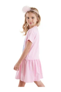 Denokids Girl's Pink Summer Combed Cotton Dress with Gathered Leopard Skirt - Image 2