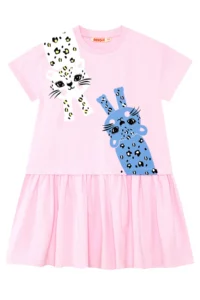 Denokids Girl's Pink Summer Combed Cotton Dress with Gathered Leopard Skirt - Image 3