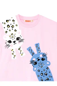 Denokids Girl's Pink Summer Combed Cotton Dress with Gathered Leopard Skirt - Image 5