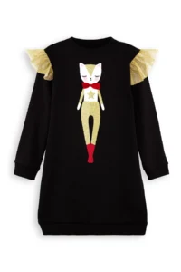 Denokids Simli Kedi Girls' Black Dress - Image 3