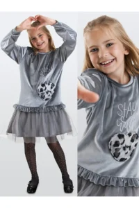 Denokids Leopard with pocket Girls' Gray Velvet Dress