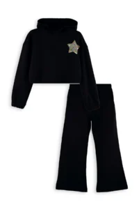 Denokids Stars Girls' Crop Black Tracksuit Set - Image 3