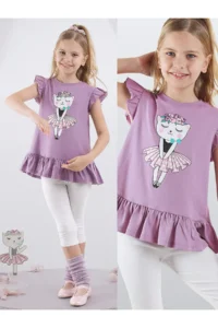 Denokids Floral Kedi Girls' Purple T-Shirt Leggings Set