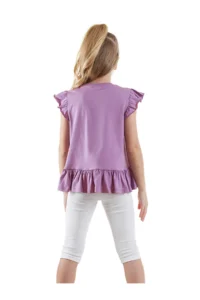 Denokids Floral Kedi Girls' Purple T-Shirt Leggings Set - Image 2
