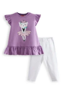 Denokids Floral Kedi Girls' Purple T-Shirt Leggings Set - Image 3