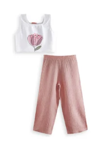 Denokids Floral Girls' Pink Muslin Pants Set - Image 4