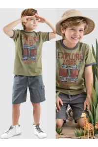 Denokids Explore Boys' T-Shirt Gabardine Shorts Set