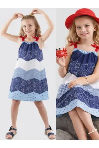 Denokids Navy Blue WHITE Patterned Poplin Girls' Dress