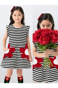 Denokids Girl's Floral Dress Black and White Striped Spring Summer Season 3-6 Years