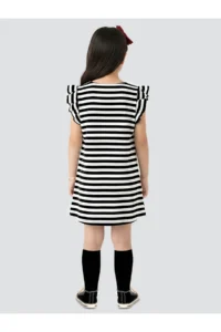 Denokids Girl's Floral Dress Black and White Striped Spring Summer Season 3-6 Years - Image 2